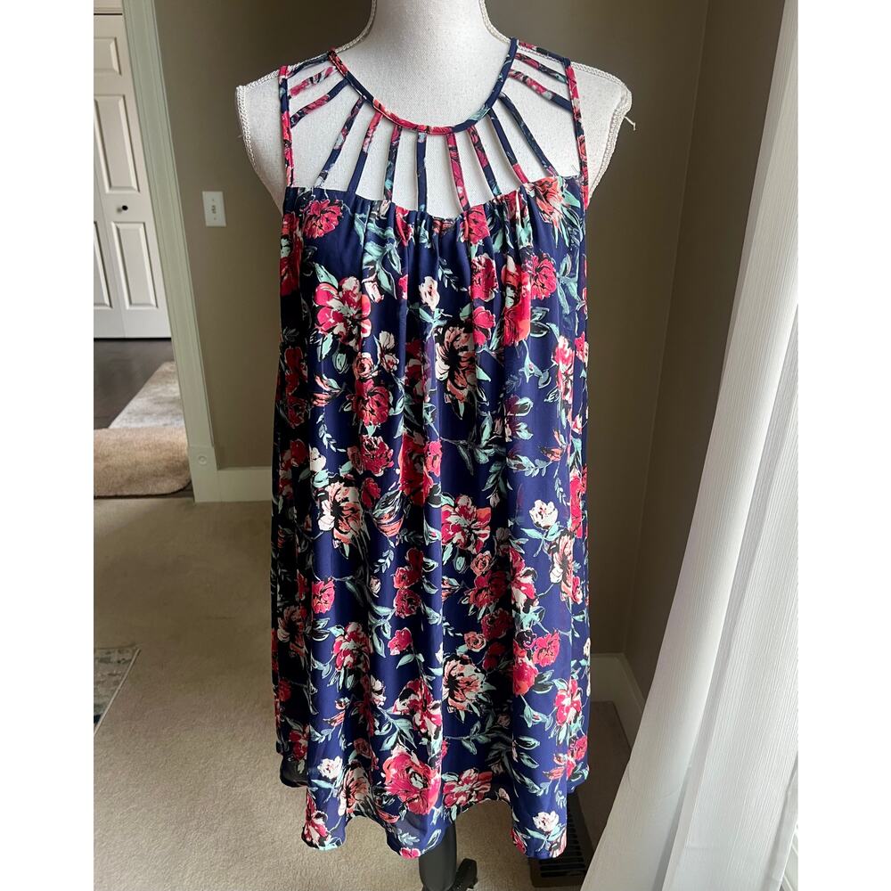 NWT Enro blue, red strappy floral boho mini dress size L